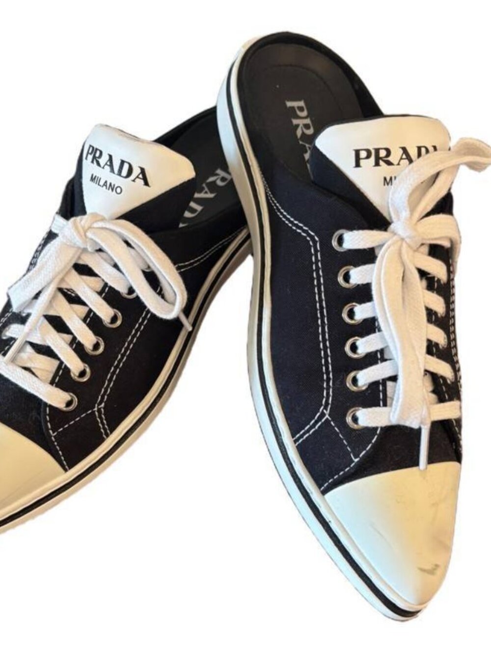 Prada Pointed Toe Sneaker Mules Women’s EU 37 Black White Lace-Up Slip On Italy